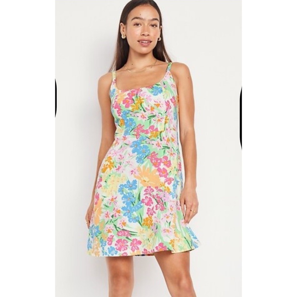 NEW Old Navy Sun Dress Fit Flare XXL 2XL Floral Linen Blend Mini Pockets NWT